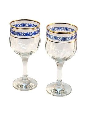 Steamed Wine Glasses Blue Floral Diamond & Gold Rim Design, Swirl Glass